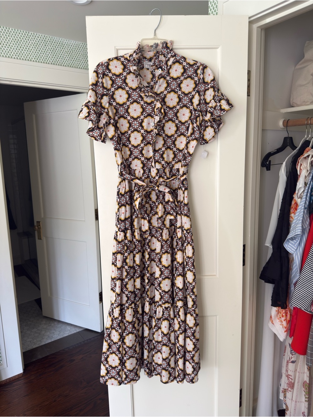 Mille Victoria Dress Flutter Sleeve Button-Front Maxi Dress in Brown/Cream